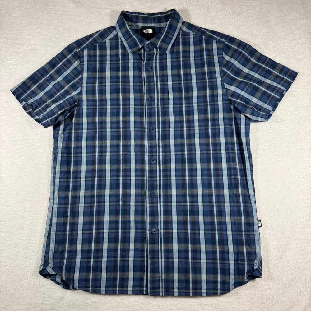 The North Face Button Up Shirt Mens M Blue‎ Plaid Short Sleeve Pocket
